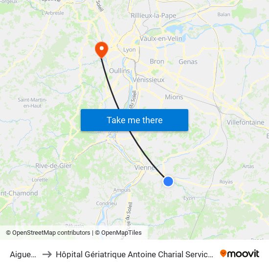 Aiguebelle to Hôpital Gériatrique Antoine Charial Services Administratifs map