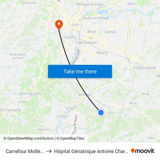 Carrefour Molles Richardières to Hôpital Gériatrique Antoine Charial Services Administratifs map
