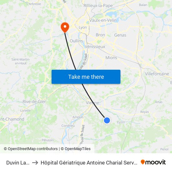 Duvin La Croix to Hôpital Gériatrique Antoine Charial Services Administratifs map