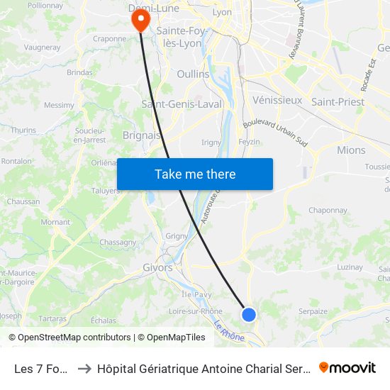 Les 7 Fontaines to Hôpital Gériatrique Antoine Charial Services Administratifs map