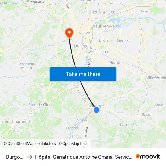 Burgondes to Hôpital Gériatrique Antoine Charial Services Administratifs map