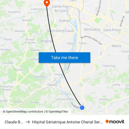 Claude Bernard to Hôpital Gériatrique Antoine Charial Services Administratifs map