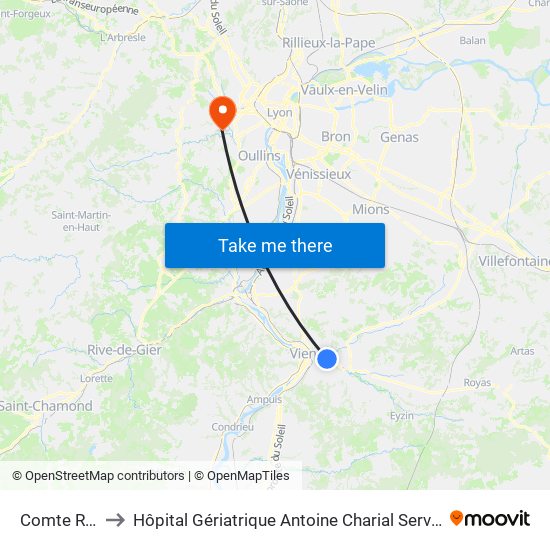 Comte Rolland to Hôpital Gériatrique Antoine Charial Services Administratifs map