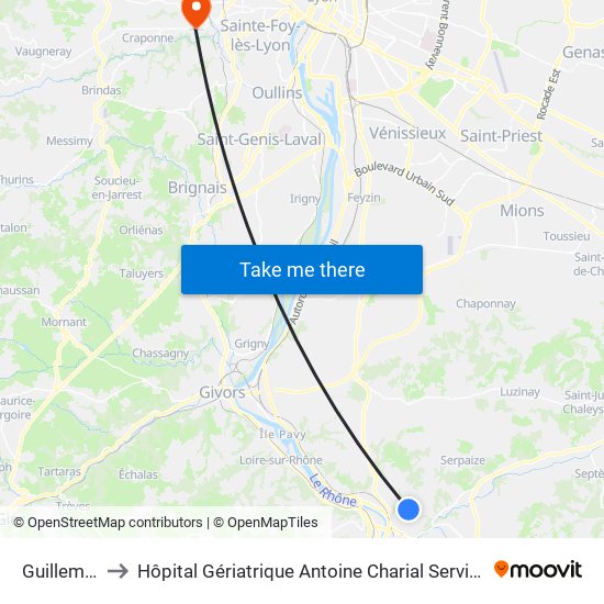 Guillemottes to Hôpital Gériatrique Antoine Charial Services Administratifs map