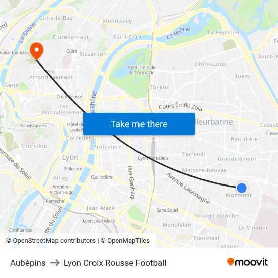 Aubépins to Lyon Croix Rousse Football map