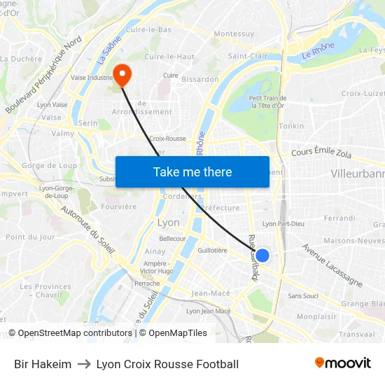 Bir Hakeim to Lyon Croix Rousse Football map