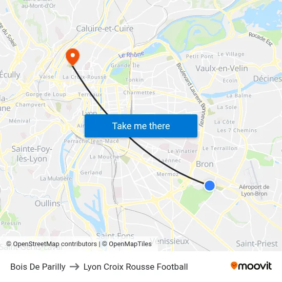 Bois De Parilly to Lyon Croix Rousse Football map
