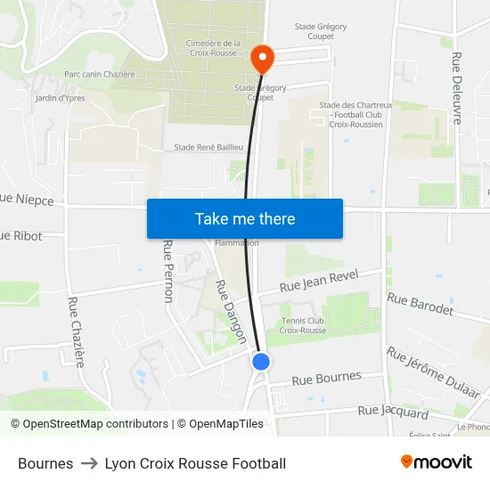 Bournes to Lyon Croix Rousse Football map