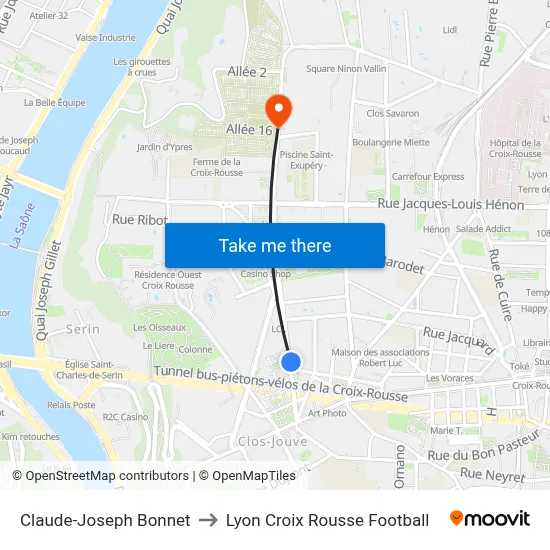 Claude-Joseph Bonnet to Lyon Croix Rousse Football map