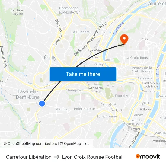 Carrefour Libération to Lyon Croix Rousse Football map