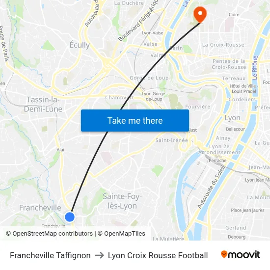 Francheville Taffignon to Lyon Croix Rousse Football map