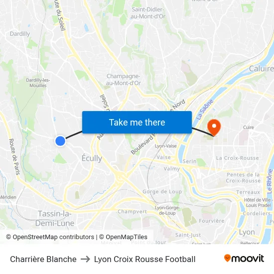 Charrière Blanche to Lyon Croix Rousse Football map