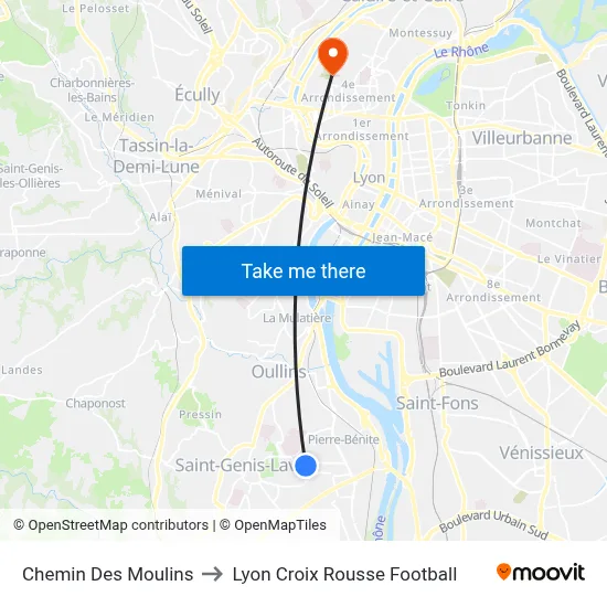 Chemin Des Moulins to Lyon Croix Rousse Football map