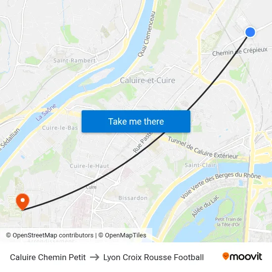 Caluire Chemin Petit to Lyon Croix Rousse Football map