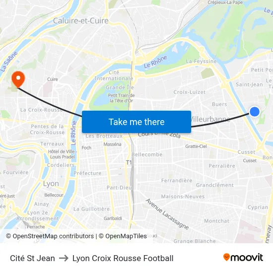 Cité St Jean to Lyon Croix Rousse Football map