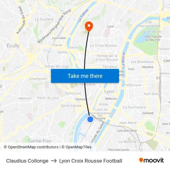 Claudius Collonge to Lyon Croix Rousse Football map