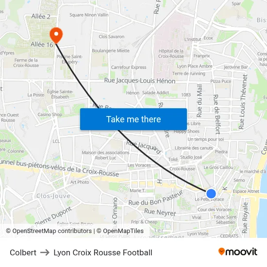Colbert to Lyon Croix Rousse Football map