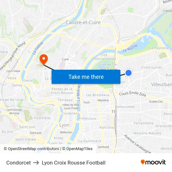 Condorcet to Lyon Croix Rousse Football map