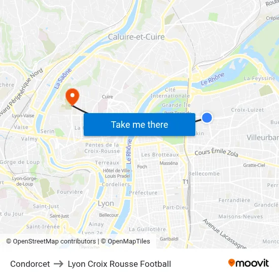 Condorcet to Lyon Croix Rousse Football map