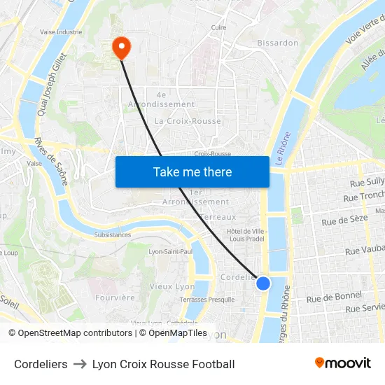 Cordeliers to Lyon Croix Rousse Football map