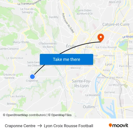 Craponne Centre to Lyon Croix Rousse Football map
