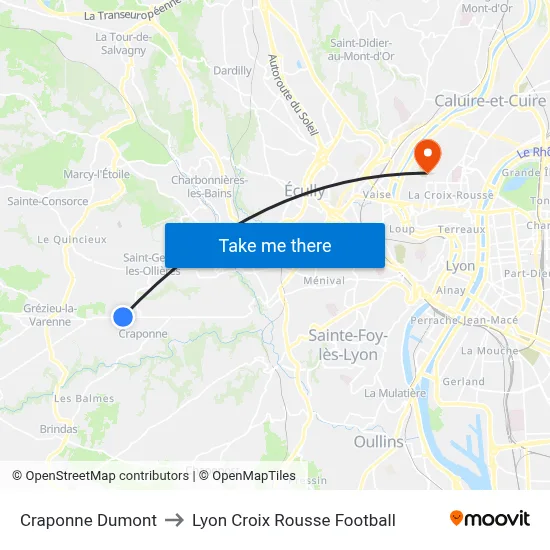 Craponne Dumont to Lyon Croix Rousse Football map
