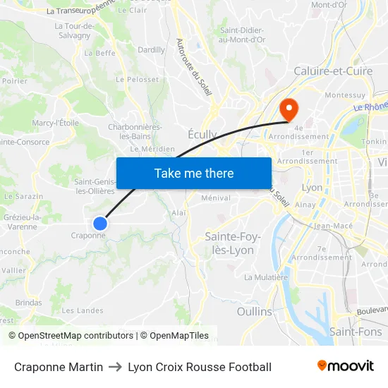 Craponne Martin to Lyon Croix Rousse Football map