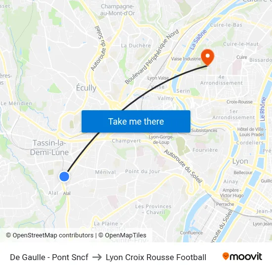 De Gaulle - Pont Sncf to Lyon Croix Rousse Football map