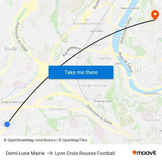 Demi-Lune Mairie to Lyon Croix Rousse Football map