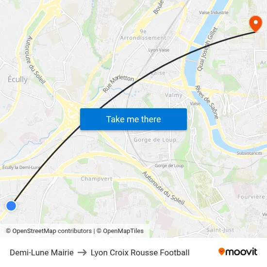 Demi-Lune Mairie to Lyon Croix Rousse Football map