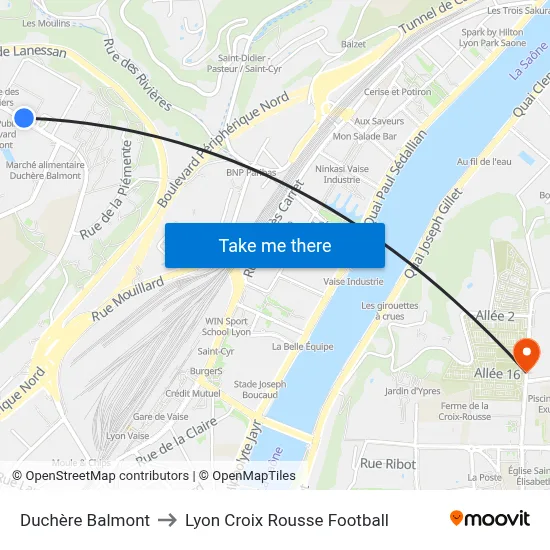 Duchère Balmont to Lyon Croix Rousse Football map