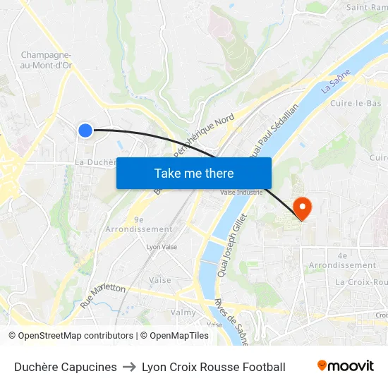 Duchère Capucines to Lyon Croix Rousse Football map