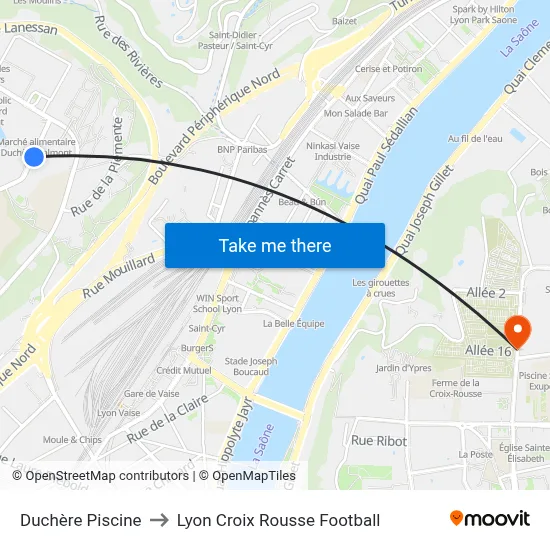 Duchère Piscine to Lyon Croix Rousse Football map