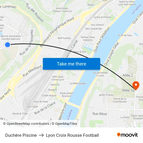 Duchère Piscine to Lyon Croix Rousse Football map