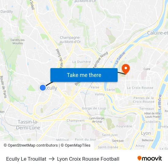 Ecully Le Trouillat to Lyon Croix Rousse Football map