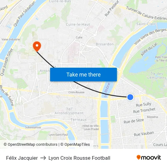 Félix Jacquier to Lyon Croix Rousse Football map