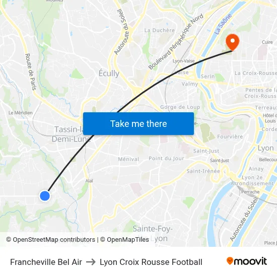 Francheville Bel Air to Lyon Croix Rousse Football map