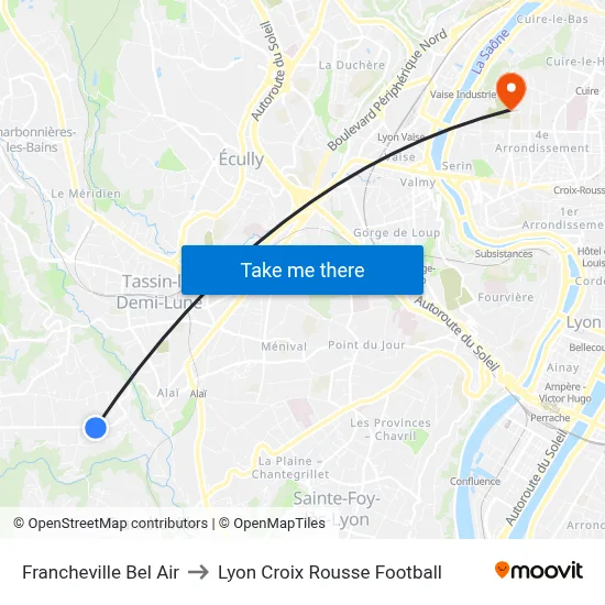 Francheville Bel Air to Lyon Croix Rousse Football map
