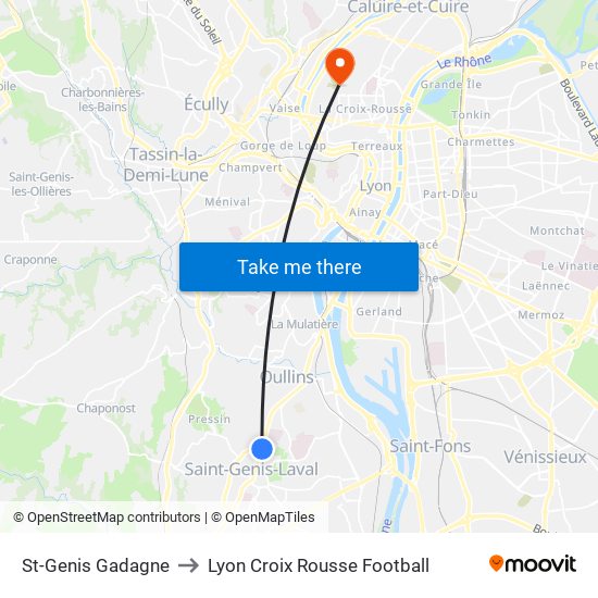 St-Genis Gadagne to Lyon Croix Rousse Football map