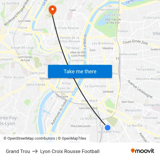 Grand Trou to Lyon Croix Rousse Football map