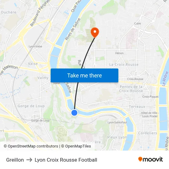 Greillon to Lyon Croix Rousse Football map