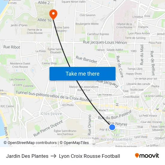 Jardin Des Plantes to Lyon Croix Rousse Football map