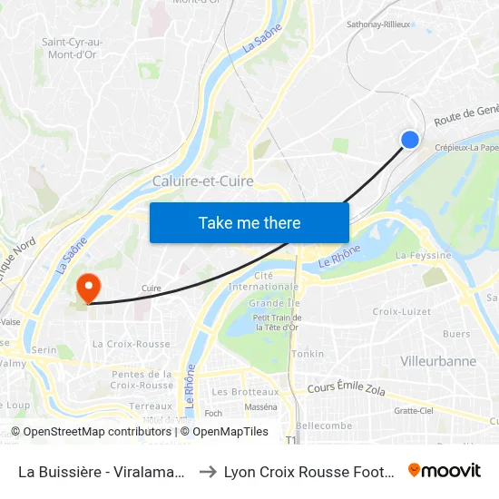 La Buissière - Viralamande to Lyon Croix Rousse Football map