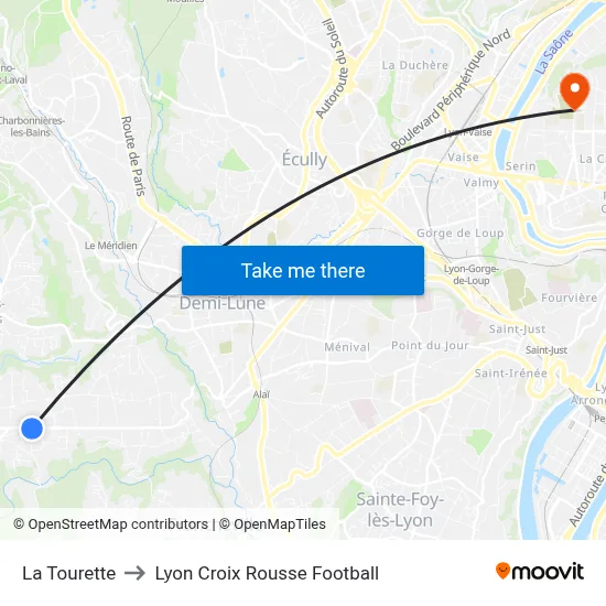 La Tourette to Lyon Croix Rousse Football map