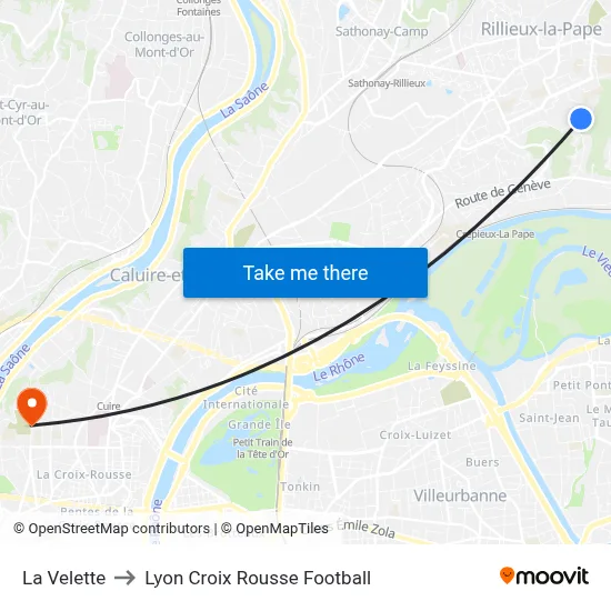 La Velette to Lyon Croix Rousse Football map