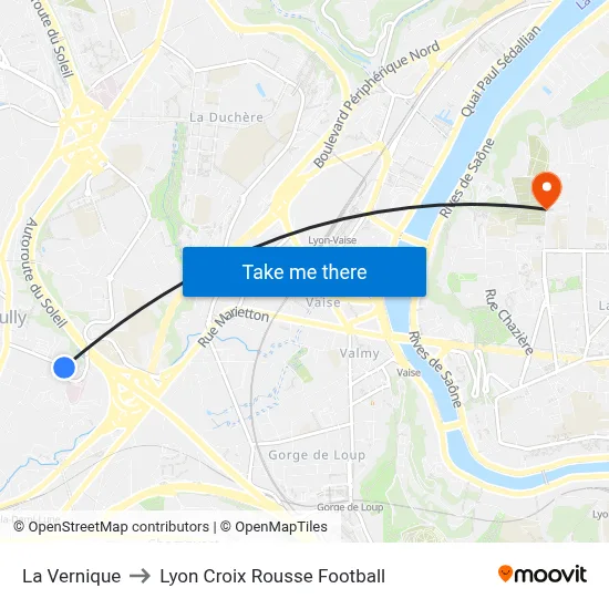La Vernique to Lyon Croix Rousse Football map