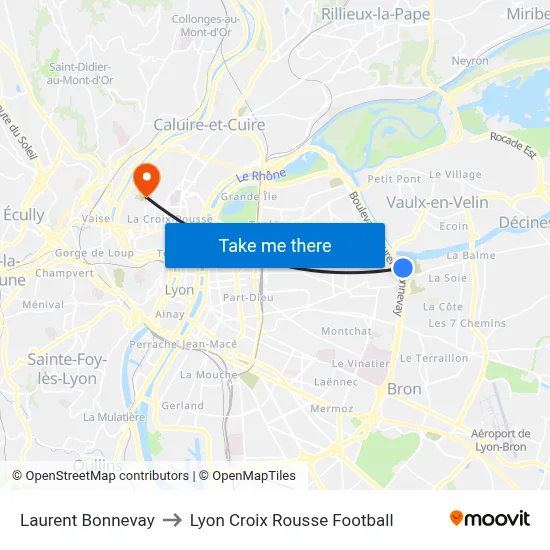 Laurent Bonnevay to Lyon Croix Rousse Football map