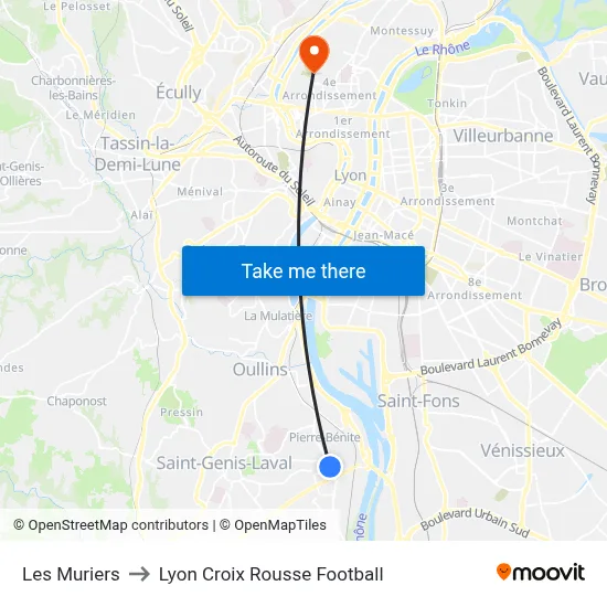 Les Muriers to Lyon Croix Rousse Football map