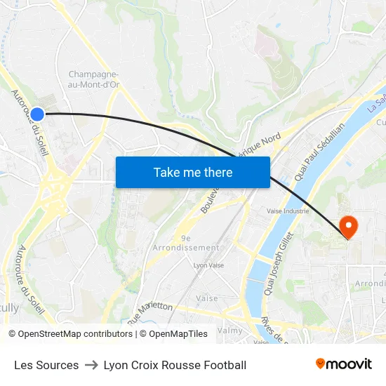 Les Sources to Lyon Croix Rousse Football map