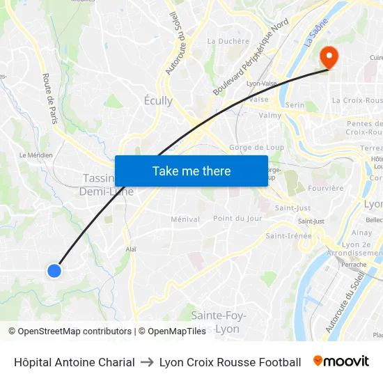 Hôpital Antoine Charial to Lyon Croix Rousse Football map